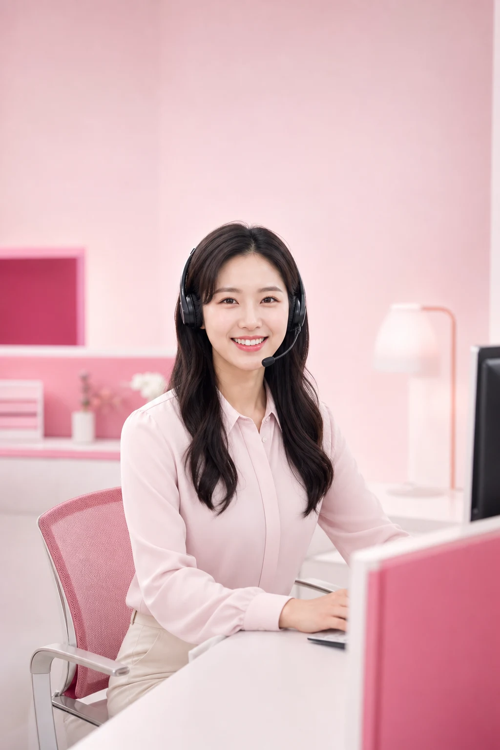 카드깡 비용 다음머니 24시간 전화 문자 상담을 안내하는 헤드셋 여성 상담원 인물